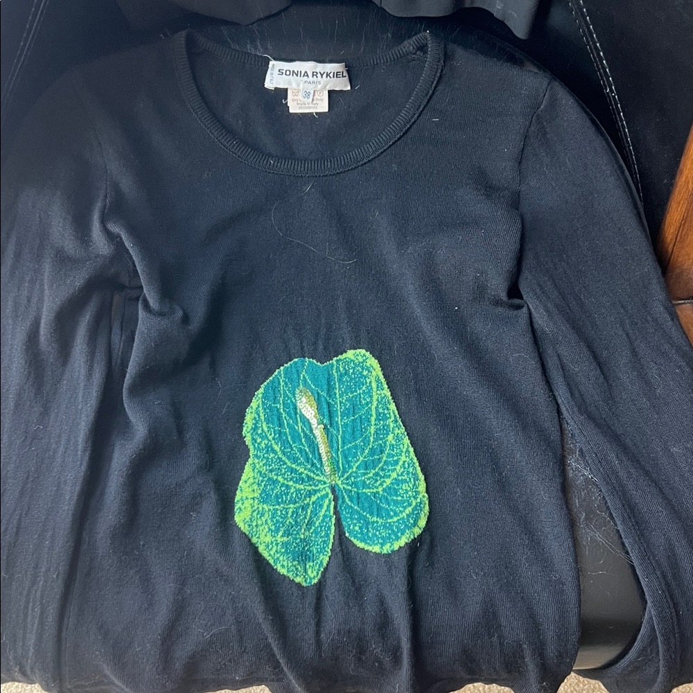 Sonia Rykiel Black Sweater with Vibrant Green Leaf